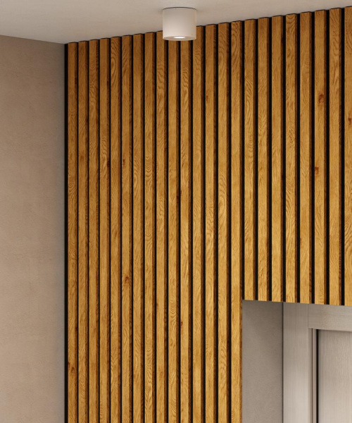 Акустическая панель, черный войлок, 2750х600х19мм, рейки МДФ дуб Медный